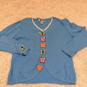 J Two New York Button Up Cardigan Women's M Blue Butterfly Embroidered Whimsical